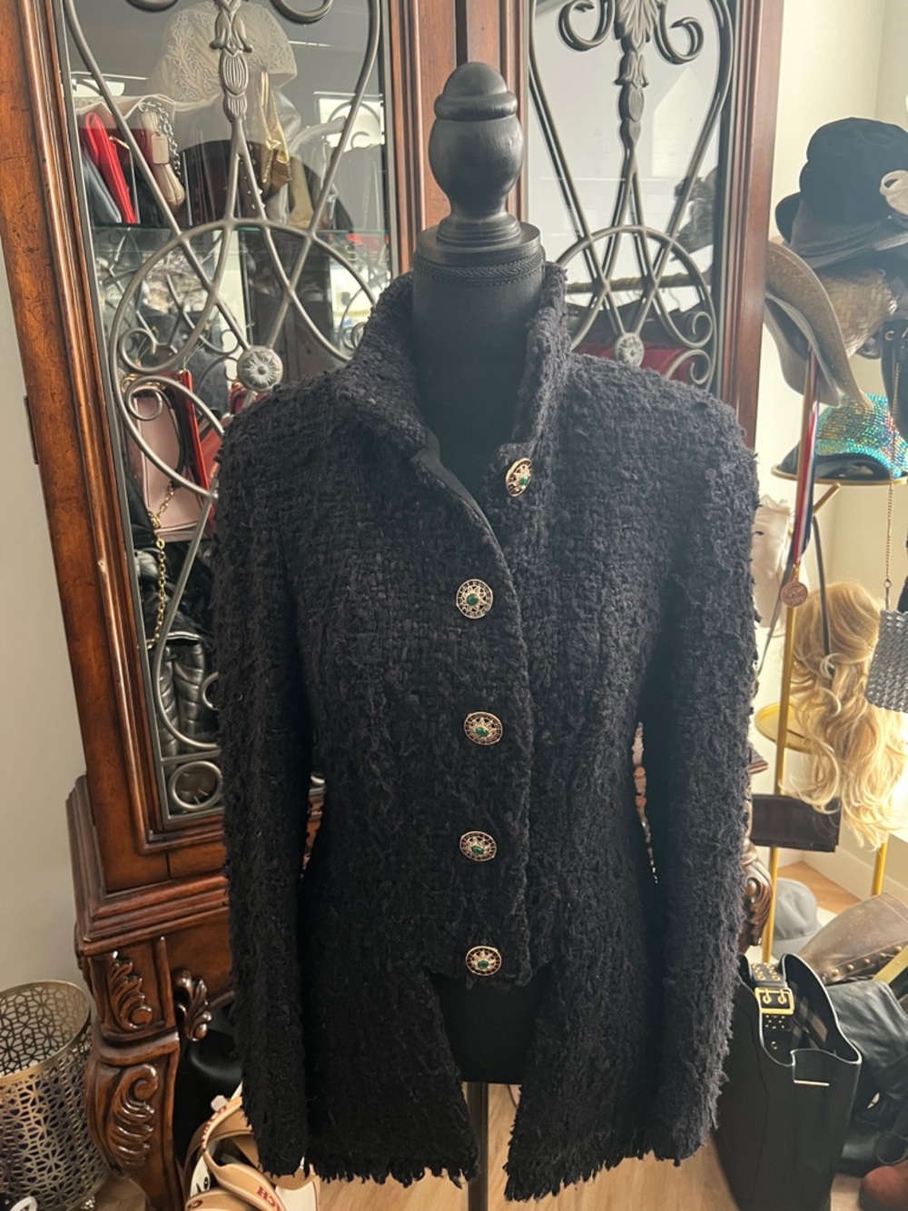 CHANEL Black Textured Bouclé Blazer with Decorative Buttons